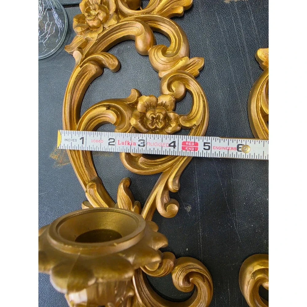 Vintage Homco Gold Wall Sconces Pair 4118 Hollywood Regency Crackle Glass 1971